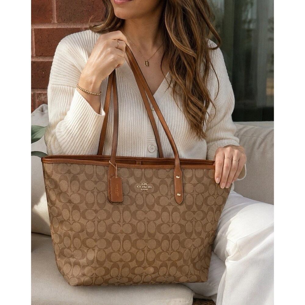 Coach Signature C City Tote Bag Brown Tan Leather Large Y2K Shoulder Purse - Picture 2 of 11
